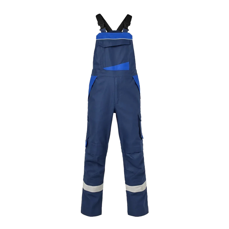 Robuste blaue Arbeits-Latzhose mit Reflexstreifen, Brusttasche und verstellbaren Trägern für Handwerk und Industrie
