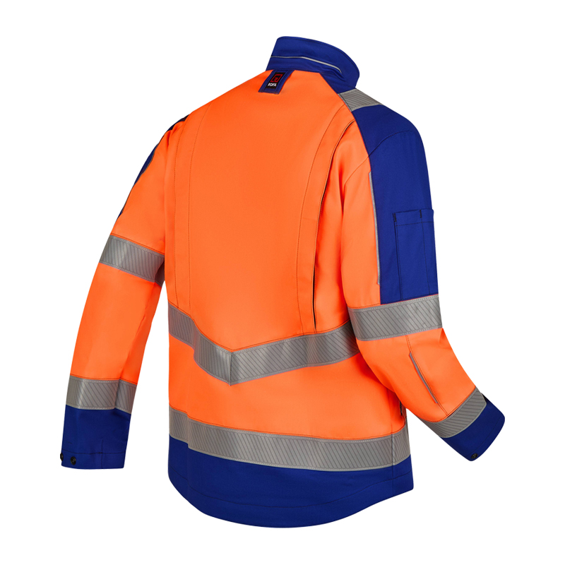 Rofa Warnschutzjacke in Orange und Blau mit umlaufenden Reflexstreifen, Stehkragen und Ärmeltasche, Rückansicht