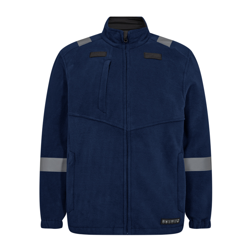 Dunkelblaue Engel Arbeitsjacke mit durchgehendem Reißverschluss, Stehkragen, Brusttasche und Reflexstreifen an Schultern und Ärmeln