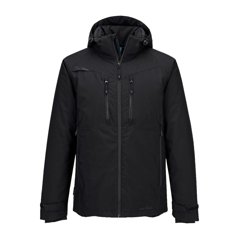 PortWest schwarze Outdoor- und Arbeitsjacke mit Kapuze, Reißverschluss und Brusttaschen in Frontansicht