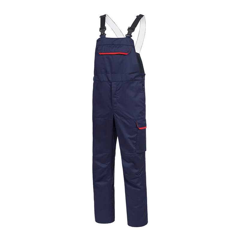 Marineblaue HB SecureAllround MultiNorm Latzhose 4 kA APC1 von HB Protective Wear aus flammhemmender, antistatischer FR-Baumwolle mit roten Kontrastdetails