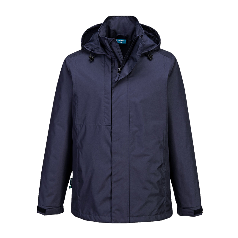 PortWest Herren Regenjacke in Navy mit Kapuze, Frontansicht einer wasserabweisenden Outdoor- und Arbeitsjacke
