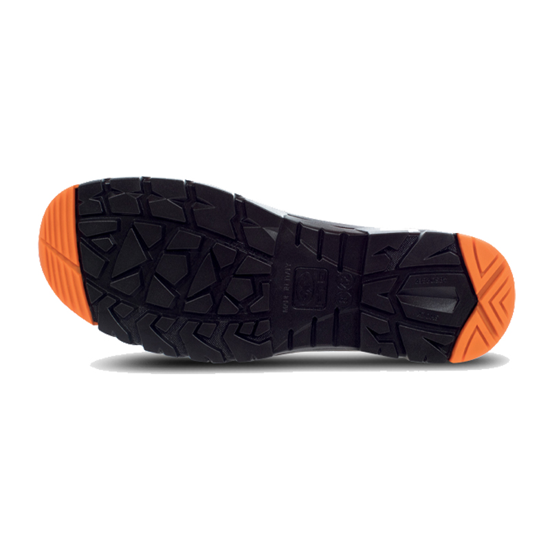 Unteransicht der profilierten Laufsohle des FTG Moon S1P ESD Sicherheitsstiefels, metallfrei, aus der Geminin Line in Schwarz mit orangefarbenen Sohlenbereichen
