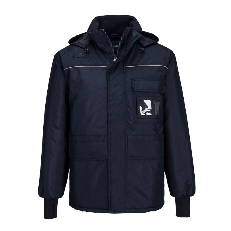 PortWest gefütterte Arbeitsjacke in Navy mit Kapuze, Brusttaschen, Ausweistasche und elastischen Bündchen, ideal als Winterjacke für Arbeit und Outdoor