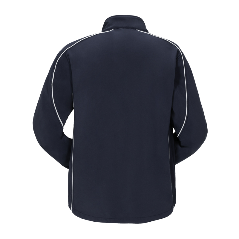 Rückenansicht der Planam Twilight Softshelljacke mit Reflexbiesen in Dunkelblau, funktionelle Arbeitsjacke mit reflektierenden Paspeln