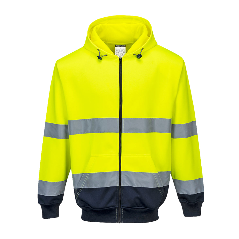 PortWest Warnschutz-Kapuzenjacke in leuchtendem Gelb mit Kapuze, Reißverschluss, dunklem Saum und silbernen Reflexstreifen an Brust, Bauch und Ärmeln