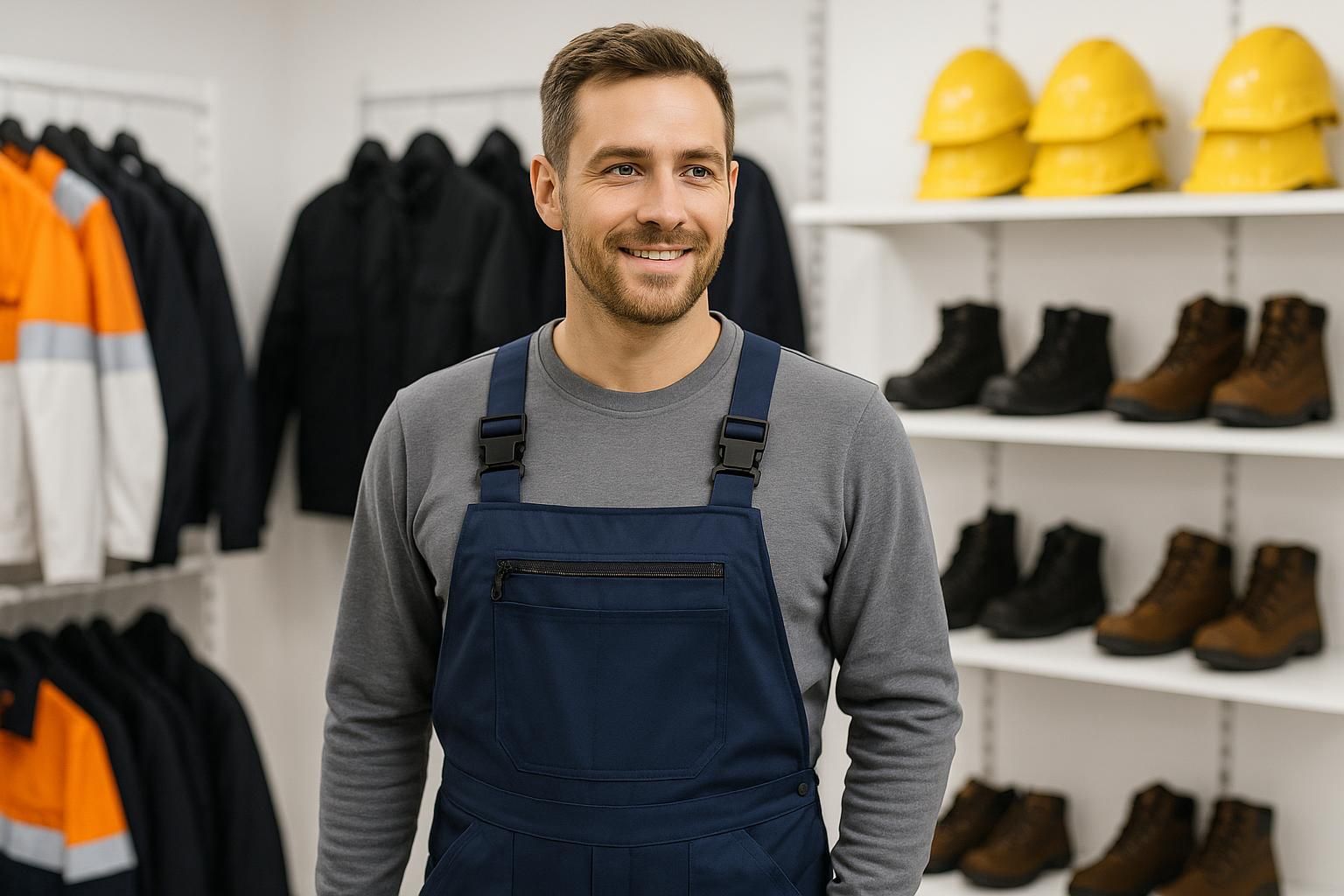 Mann trägt dunkelblaue Arbeits-Latzhose mit grauem Shirt im Fachgeschäft für Berufsbekleidung, mit Schutzhelmen und Arbeitsschuhen im Hintergrund