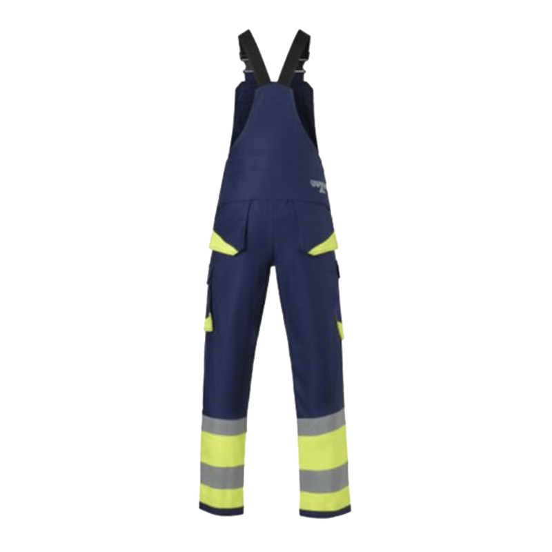HydroWear Latzhose in Dunkelblau mit gelben Warnschutz-Einsätzen und Reflexstreifen an den Beinen