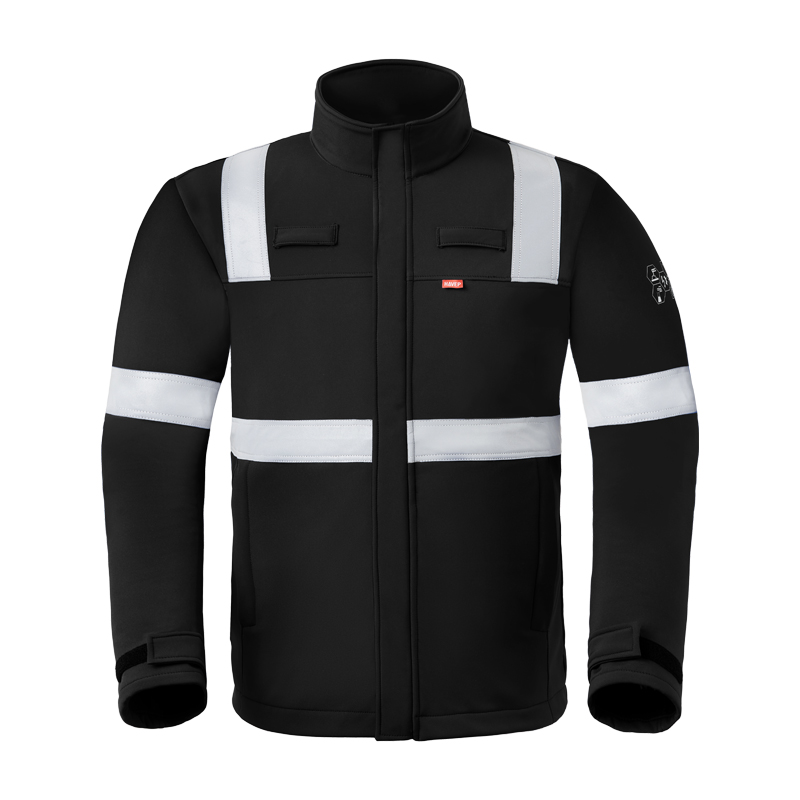 HaVeP 5Safety 50383 MultiNorm SoftShell Jacke | APC1, schwarze Arbeitsjacke mit Stehkragen und silbernen Reflexstreifen vorne und an den Ärmeln