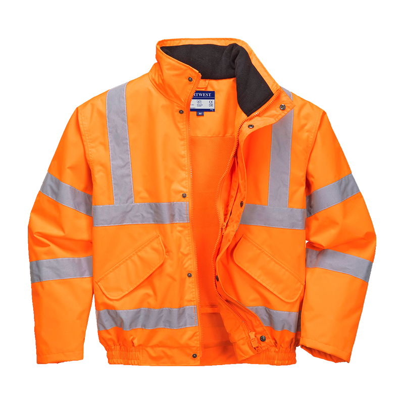 PortWest RT62 RIS Warnschutz Regen Pilot Jacke Klasse 3, orange Arbeitsjacke mit Reflexstreifen, wasserabweisendem Pilot-Design und hohem Kragen für gut sichtbaren Wetterschutz im Arbeitseinsatz