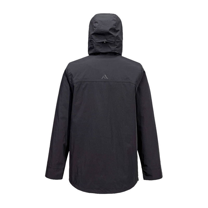 Rückansicht einer schwarzen PortWest Jacke mit Kapuze, lange Ärmel, funktionelle Outdoor- und Arbeitsjacke