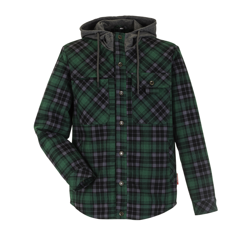 Planam Outdoor Thermohemd mit Teddyfutter in grün-schwarz kariert, gefüttertes Hemd mit Kapuze und Brusttaschen