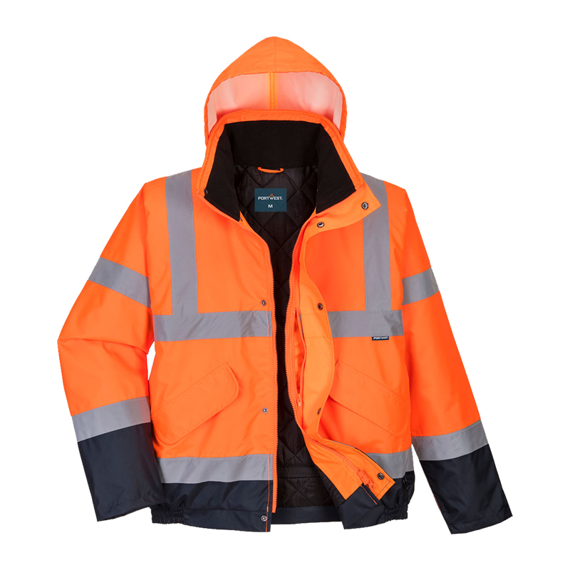 PortWest Warnschutzjacke in leuchtendem Orange mit Kapuze, dunklen Ärmeln und silbernen Reflexstreifen, frontale Produktansicht