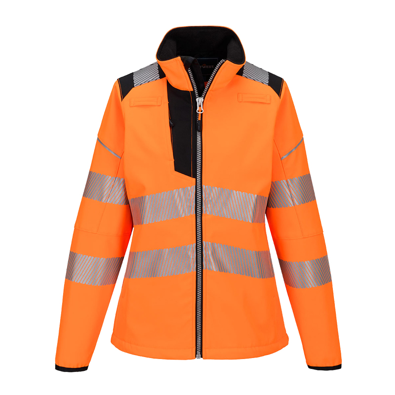 PortWest Warnschutzjacke in leuchtendem Orange mit Reißverschluss, Stehkragen und reflektierenden Streifen an Brust, Schultern und Ärmeln, Frontansicht