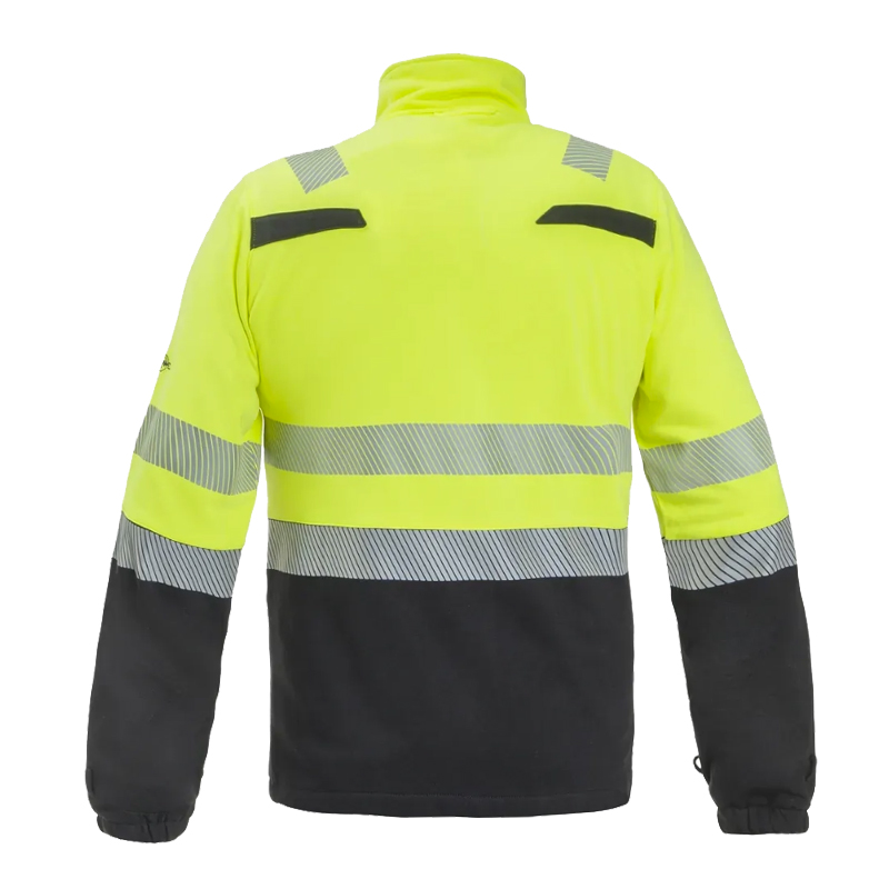 Rückansicht einer HydroWear Warnschutzjacke in Neon Gelb und Schwarz mit umlaufenden Reflexstreifen und hohem Kragen