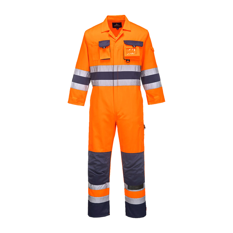 PortWest Warnschutz-Overall in leuchtendem Orange mit Reflexstreifen, Brusttaschen und dunklem Kontrastbesatz für hohe Sichtbarkeit bei der Arbeit
