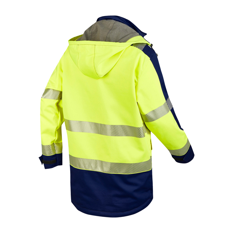Rofa Warnschutzjacke in Neongelb und Marineblau mit Reflexstreifen und Kapuze, Rückenansicht