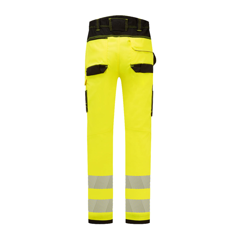 Rückansicht der PortWest PW303 leichten Warnschutz Stretch Hose Klasse 2 in Gelb mit Reflexstreifen, ideal für Baustelle, Straßenbau und Verkehrsdienst
