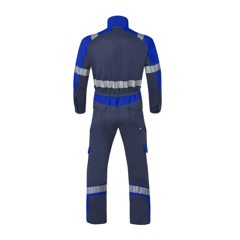 Rückansicht eines HaVeP Arbeitsoveralls in Marineblau und Königsblau mit Reflexstreifen an Armen, Rücken und Beinen