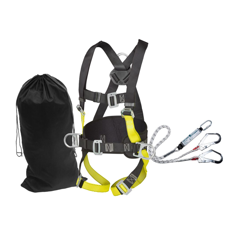 PortWest FP64 Fallschutz Set Komfort für Gerüstbauer komplett bis 100 kg mit 2-Punkt-Auffanggurt, doppeltem Verbindungsmittel mit Falldämpfer, Gerüsthaken, Karabinern und Nylonbeutel