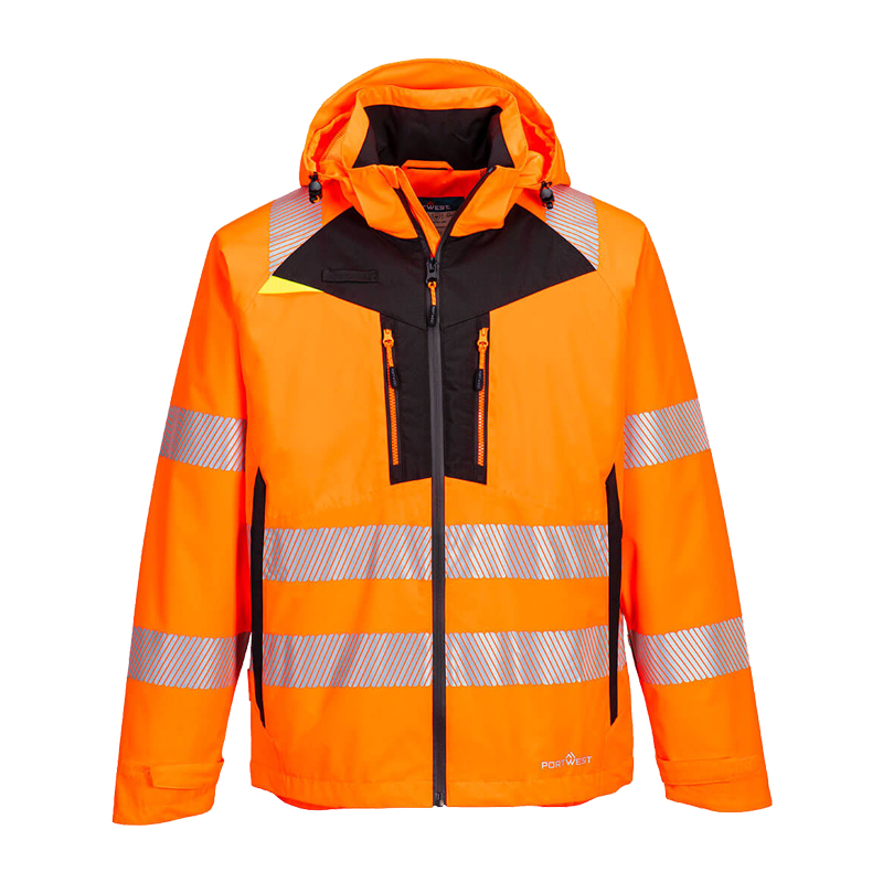PortWest DX430 Insulatex Warnschutz Stretch Winterjacke, wasserdichte orange Winterjacke mit Kapuze, schwarzen Kontrasten und Reflexstreifen