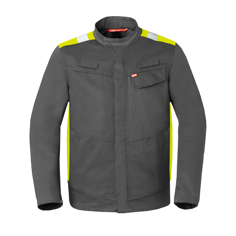 HaVeP Force+ 50336 MultiNorm Schweisser Jacke Klasse 1 | APC1, graue Schutzjacke mit gelben Kontrasteinsätzen und Brusttaschen