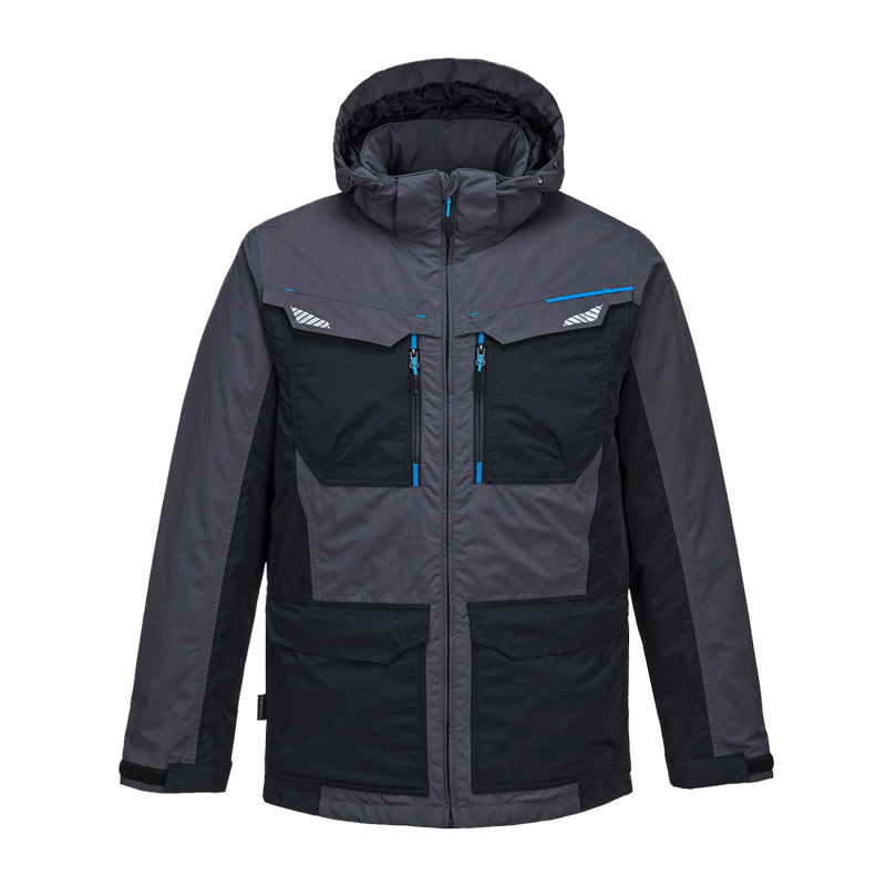 PortWest wetterfeste Arbeitsjacke mit Kapuze in Grau-Schwarz, Frontansicht mit Reißverschlusstaschen und reflektierenden Details