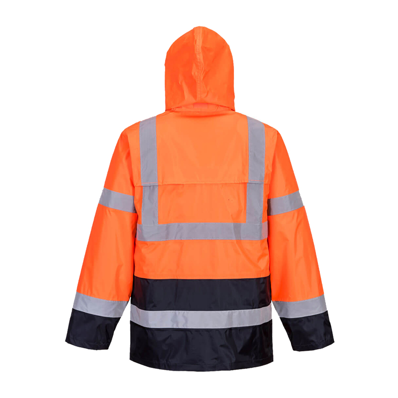 Rückansicht einer PortWest Warnschutzjacke mit Kapuze in Orange und Marineblau mit reflektierenden Streifen