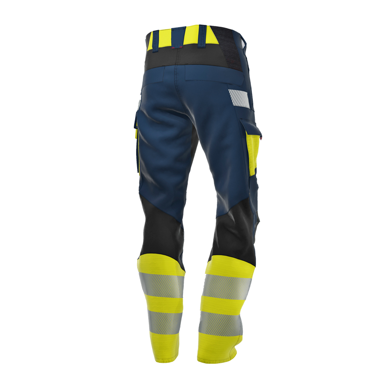 Rückansicht der BP 2215 Hi-Vis MultiNorm Hybrid Hose 4 kA | APC1 von BP Bierbaum Proenen in Navy-Gelb mit Reflexstreifen und Seitentaschen
