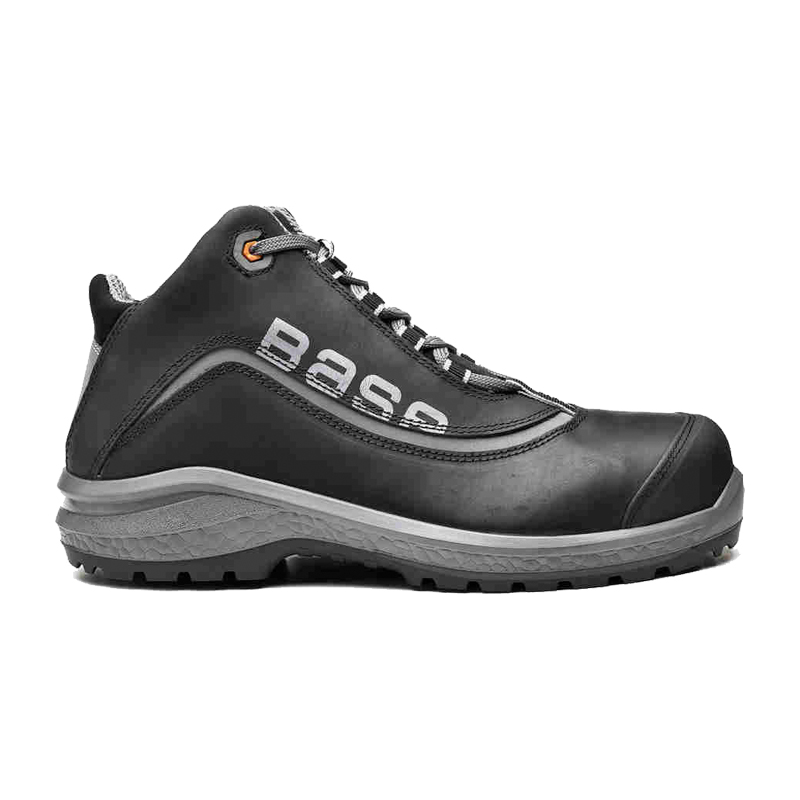 Seitliche Ansicht des BASE Be-Free Top S3S Sicherheitsstiefels B0873 metallfrei in Schwarz, aus wasserdichtem, gewachstem Leder mit robuster Sohle