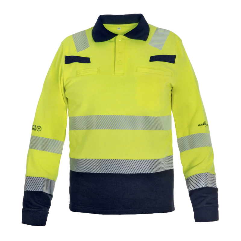 HydroWear Warnschutz-Poloshirt Langarm in Neon-Gelb und Marineblau mit Kragen, Brusttaschen und umlaufenden Reflexstreifen