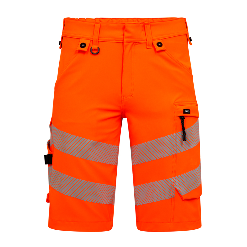Frontansicht der ENGEL Safety Stretch Warnschutz Sommer Shorts Klasse 1 6345-124 in leuchtendem Orange mit Reflexstreifen und Seitentaschen