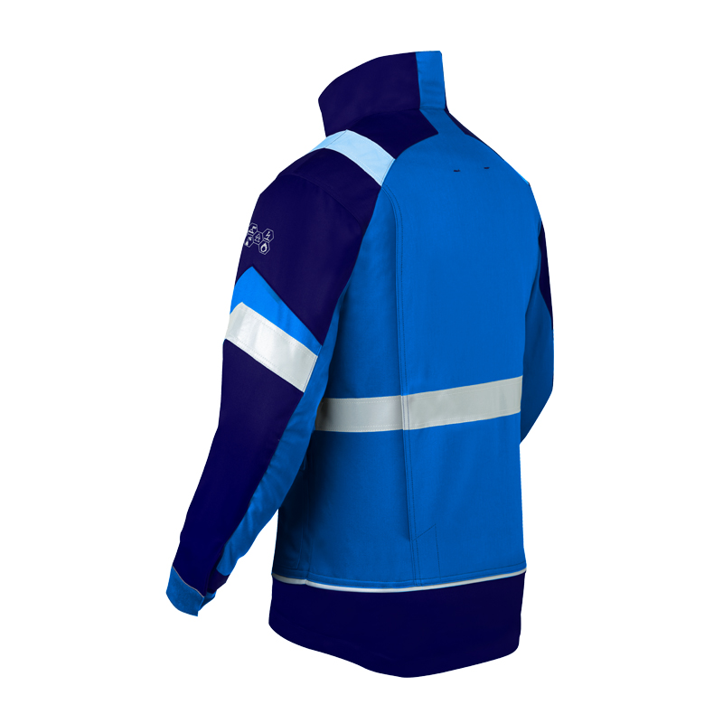 Rückenansicht der HaVeP 5Safety Image+ 50388 MultiNorm Damen Jacke APC1 in Blau mit dunklen Einsätzen und umlaufenden Reflexstreifen für sicheren Arbeitsschutz
