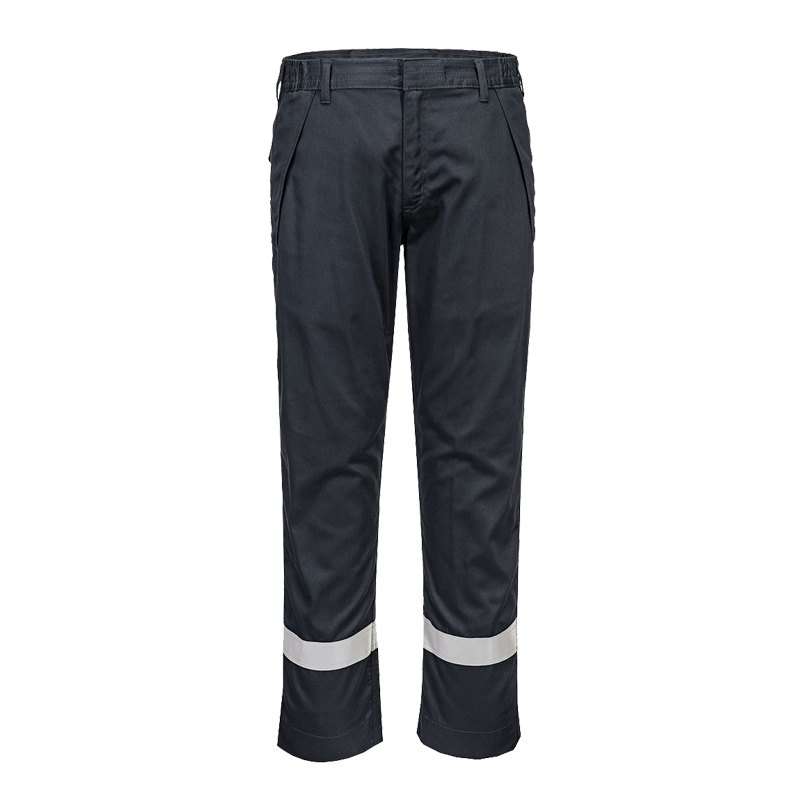 Dunkelblaue PortWest Arbeitshose mit reflektierenden Streifen an den Beinabschlüssen, robuste Workwear-Hose für Beruf und Sicherheit