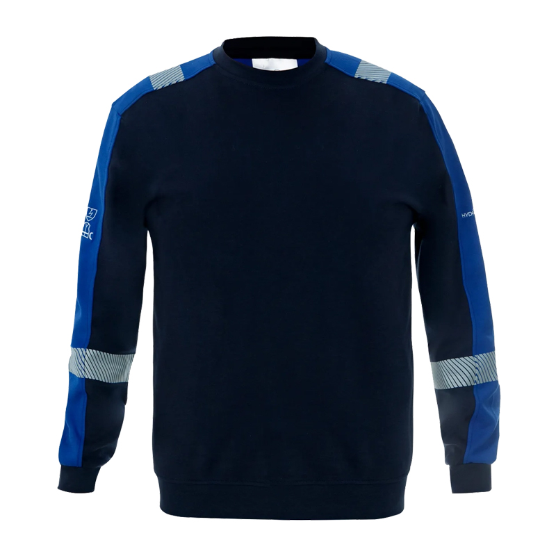 Dunkelblaues Sweatshirt mit blauen Ärmeln, reflektierenden Schulter- und Arm-Einsätzen sowie Rundhalsausschnitt