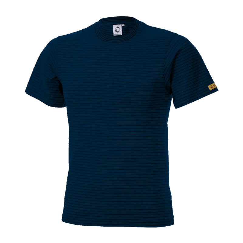 Dunkelblaues Mimoza ESD T-Shirt für Produktschutz in EPA-Bereichen 10⁵ bis 10⁸, antistatische Arbeitskleidung nach EN 61340