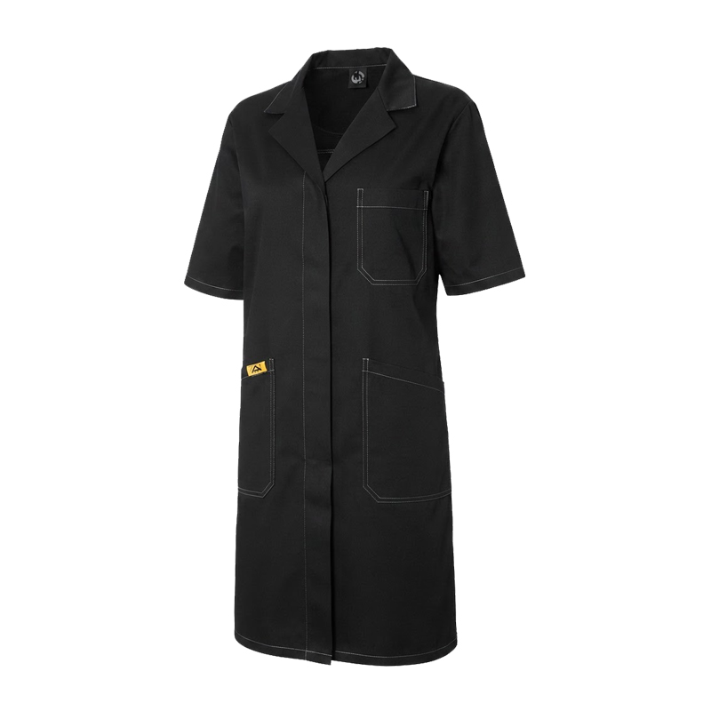 Schwarzer Mimoza ESD Damen Mantel kurzarm mit Taschen, Produktschutz für EPA-Bereiche 10⁵ bis 10⁸ nach EN 61340