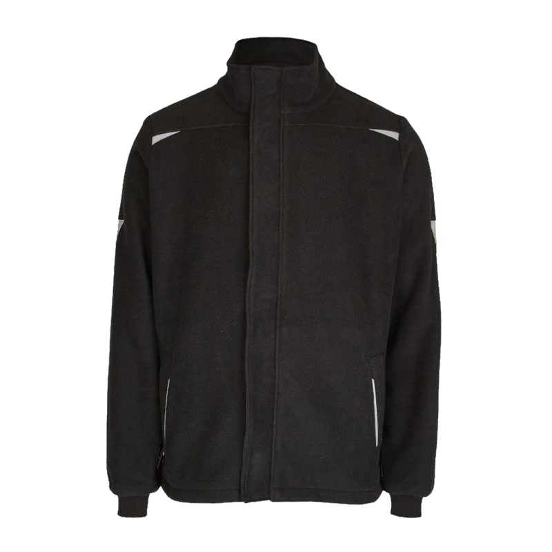 Schwarze Rofa Arbeitsjacke mit Stehkragen, verdecktem Frontverschluss und reflektierenden Einsätzen an Schultern und Ärmeln