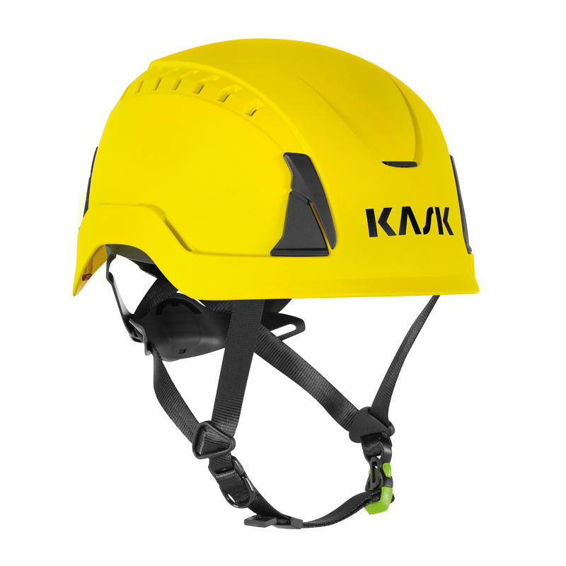 KASK PRIMERO PL Kletterhelm EN 397 + EN 12492 von Kask, gelber Schutzhelm mit Kinnriemen in Seitenansicht