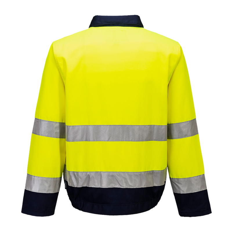 Rückansicht einer PortWest Warnschutzjacke in Gelb und Marineblau mit umlaufenden silbernen Reflexstreifen an Körper und Ärmeln