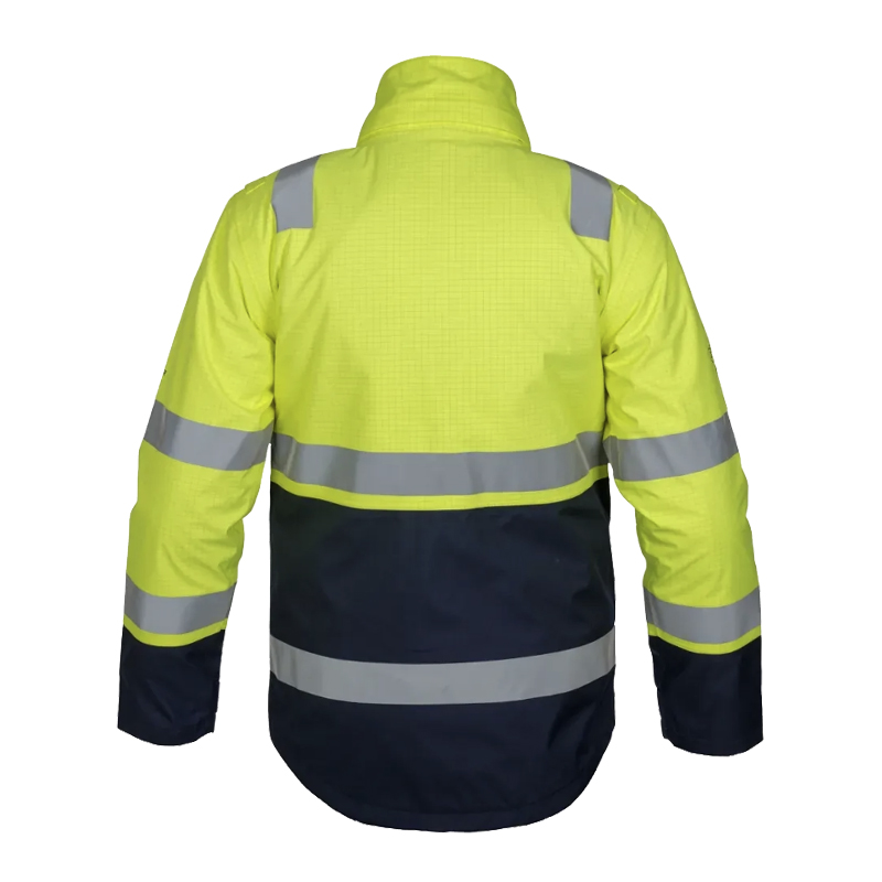 Rückansicht einer HydroWear Warnschutzjacke in Gelb und Marineblau mit umlaufenden Reflexstreifen und hohem Kragen