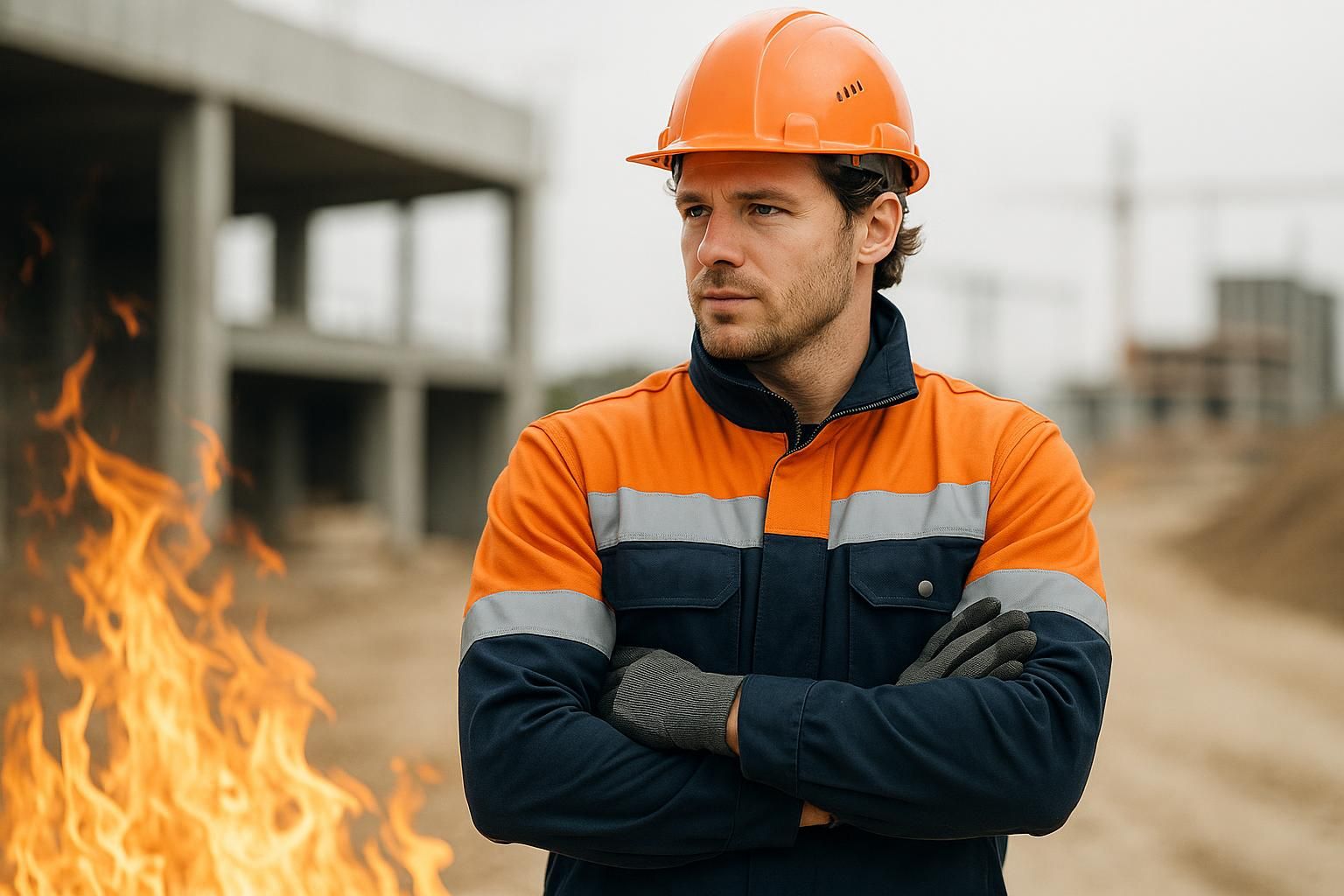 Mann mit orangefarbenem Schutzhelm, Handschuhen und zweifarbiger Warnschutzjacke auf einer Baustelle neben Feuer – Symbolbild für hitzebeständige Schutzkleidung