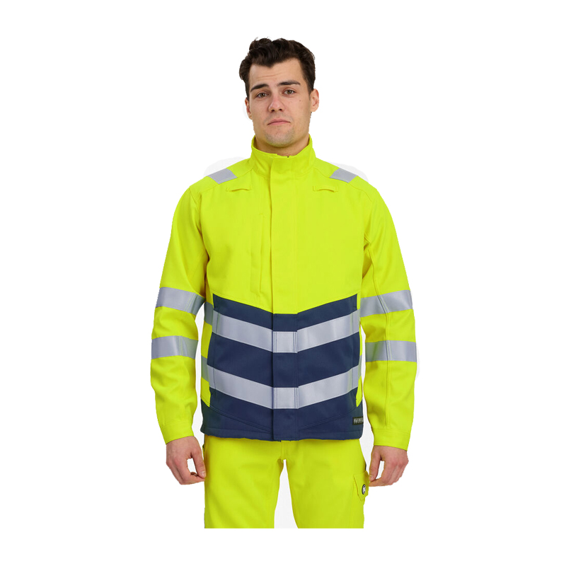 Mann trägt Engel Warnschutzjacke in Neon-Gelb und Marineblau mit reflektierenden Streifen, hochgeschlossen, Frontansicht