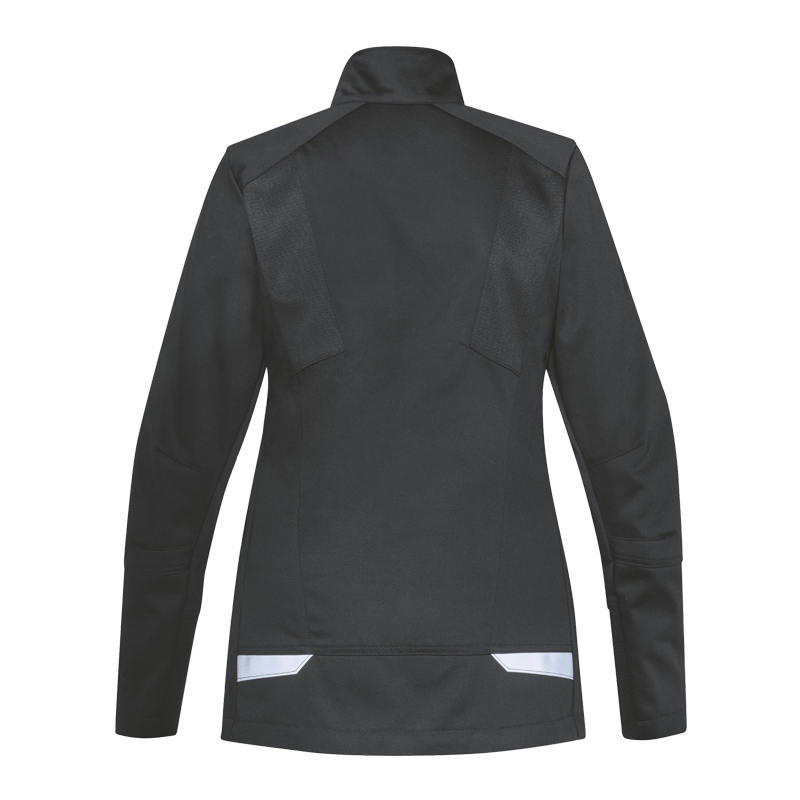 Rückansicht der Uvex suXXeed Arc Damen MultiNorm Jacke 4 kA + 7 kA APC2, schwarze Schutzjacke mit Stehkragen und reflektierenden Details