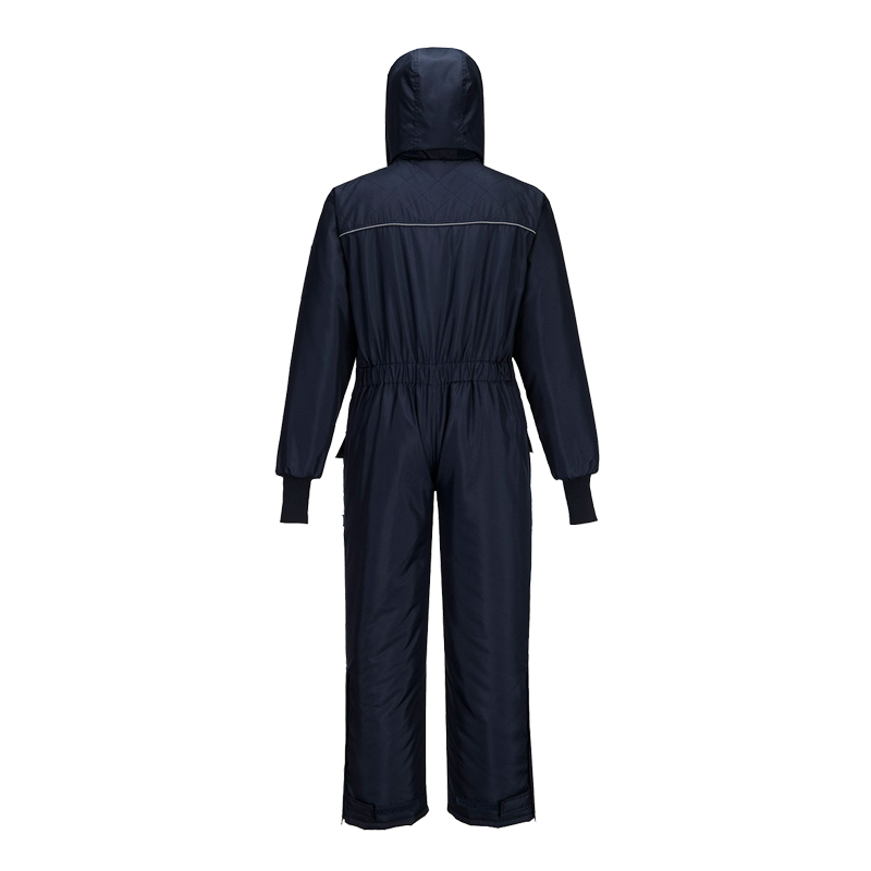 Rückansicht eines dunkelblauen PortWest Overalls mit Kapuze, elastischer Taille und langen Beinen