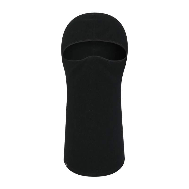 Frontansicht einer schwarzen Sturmhaube mit Augenöffnung, elastische Balaclava als Gesichts- und Kälteschutz