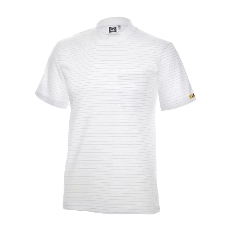 Weißes Mimoza ESD T-Shirt mit feinen Streifen für Produktschutz in EPA-Bereichen 10⁵ bis 10⁸, konform nach EN 61340