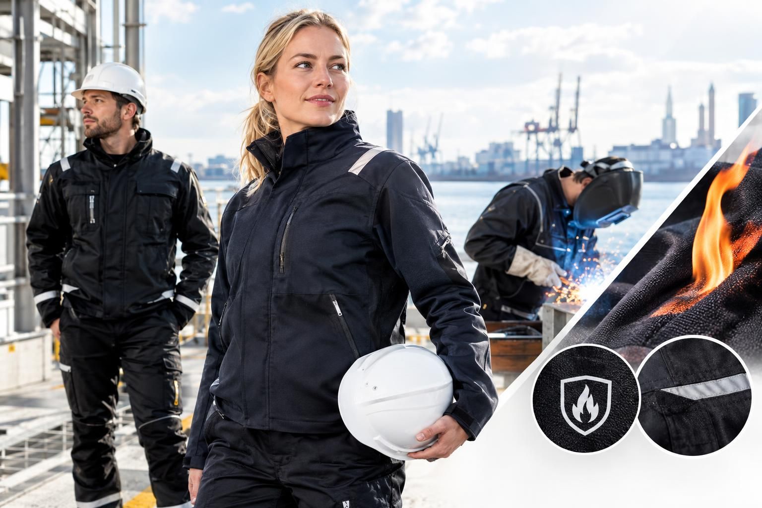 Damen-Arbeitsjacke in Schwarz, flammhemmend und mit Reflexdetails, getragen auf einer Industrie-Baustelle mit Schweißarbeiten