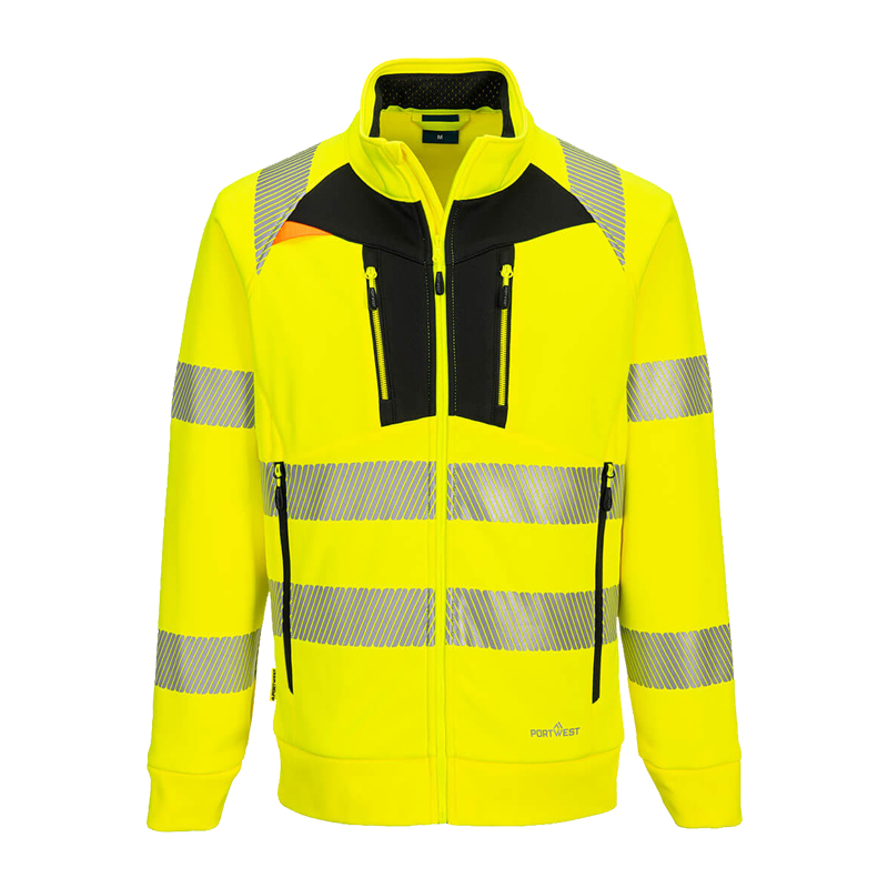 PortWest Warnschutzjacke in leuchtendem Gelb mit umlaufenden Reflexstreifen, Stehkragen und schwarzen Reißverschlusstaschen vorne