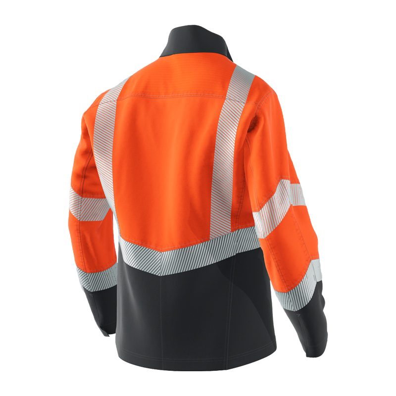 Rückansicht der BP 2238 Hi-Vis MultiNorm Jacke leicht 4 kA + 7 kA | APC2 von BP Bierbaum Proenen in Warnorange mit Reflexstreifen und schwarzem Saum